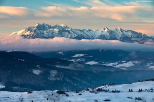 Zimowy widok na Przełęcz pod Tokarnią i Tatry z Wysokiego Wierchu